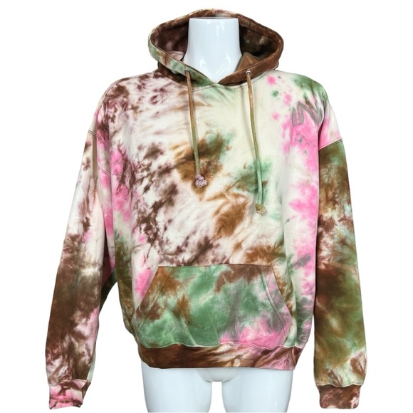 Exist Brown Pink Green Bohemian Tie Dye Hoodie with Kangaroo Pocket Large - Picture 1 of 11